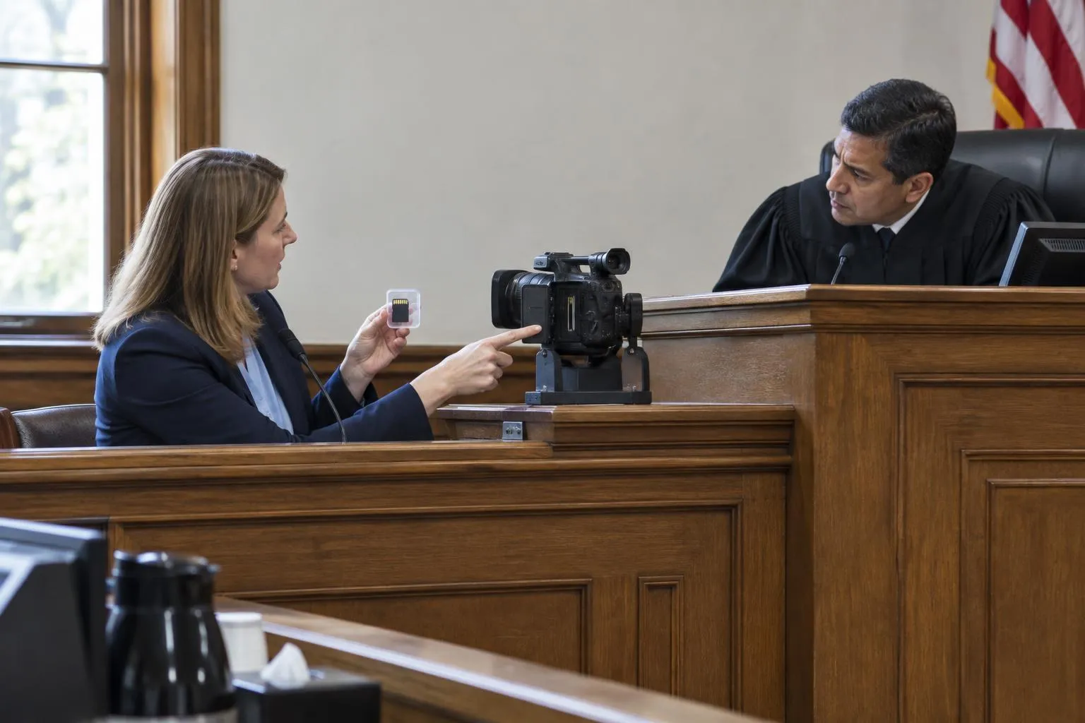 A digital-forensics expert demonstrates a video camera’s memory-card compartment as a judge examines her explanation.