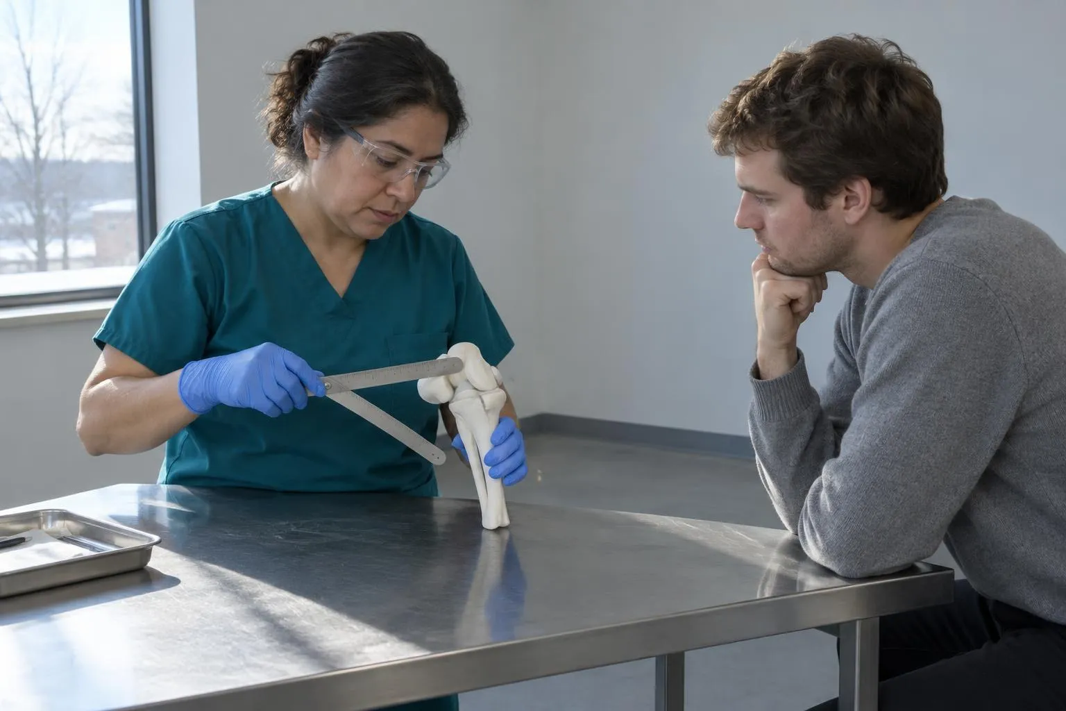 A woman physician bends a plastic knee model while a young man listens closely across a steel table in a bright lab.