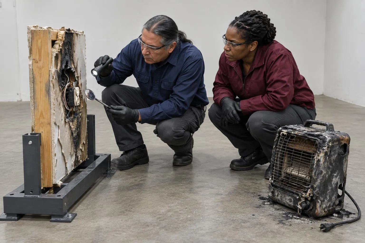 A fire expert examines a recovered outlet beside a burned heater while an attorney follows the evidence check.