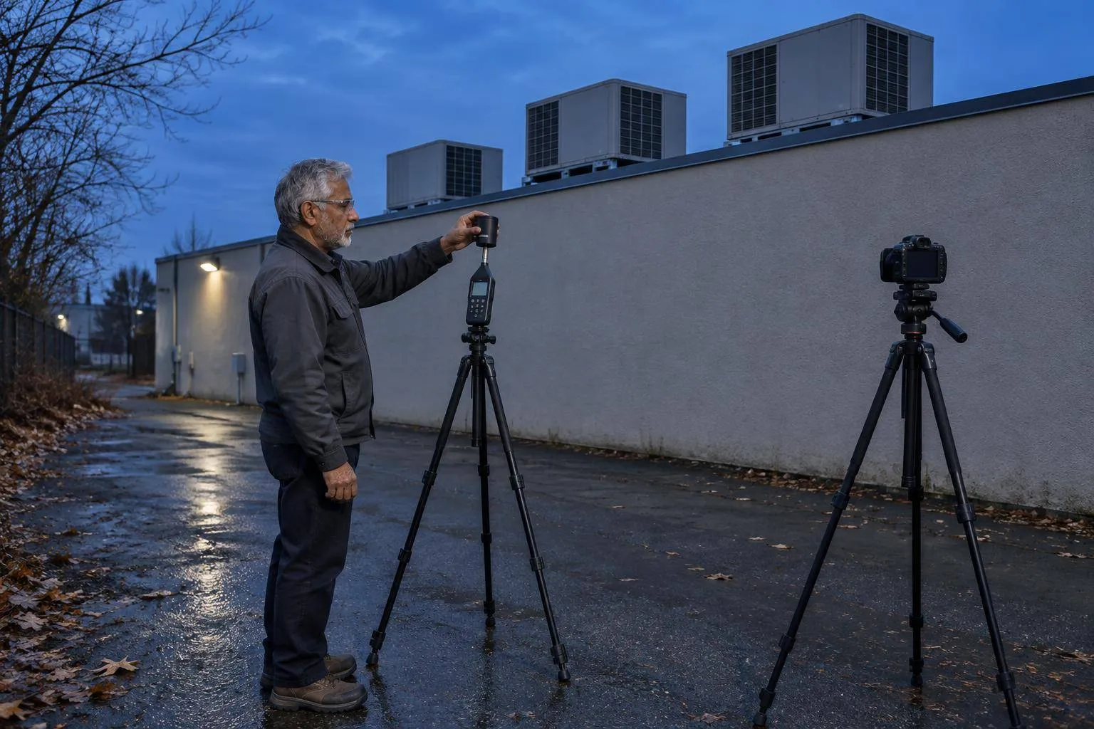 An acoustics expert fits a calibrator to a windscreened sound-level meter on a tripod in a dusky service lane below rooftop air units.