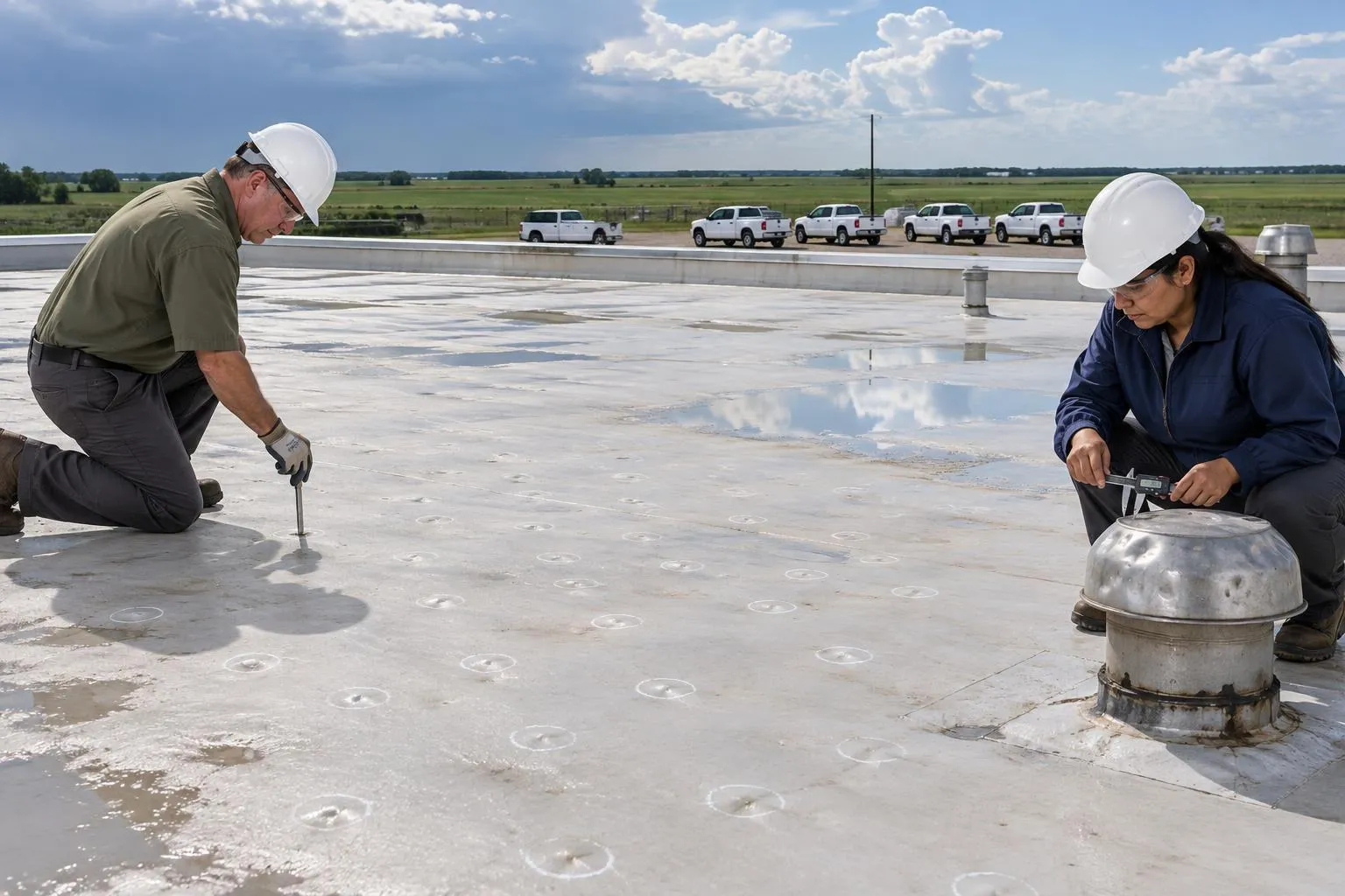 Two experts work at opposite ends of a hail-marked flat roof, chalk circles between them and pickups in the distance.