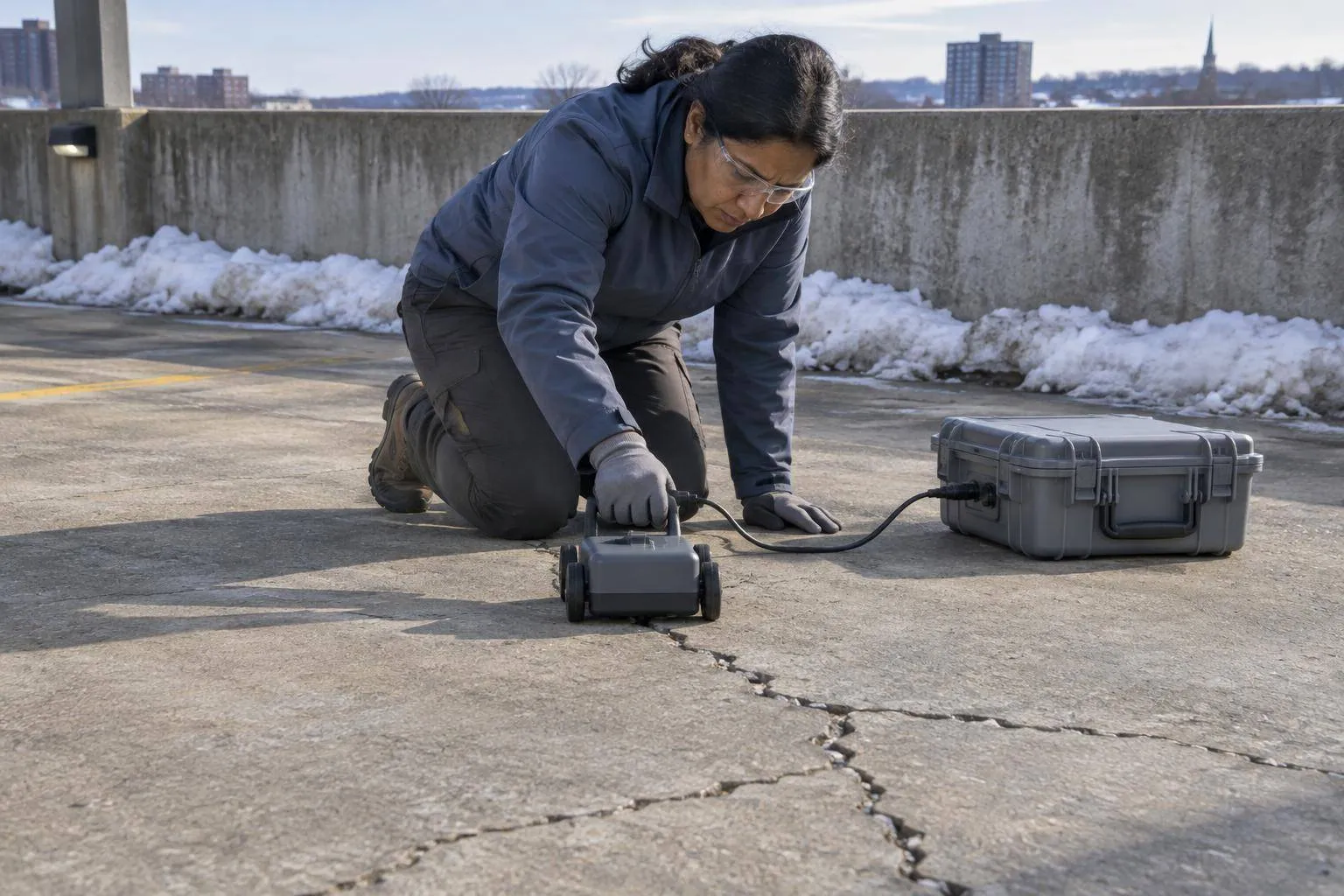 An engineering expert guides a compact radar antenna across cracked concrete on a parking deck in late winter.