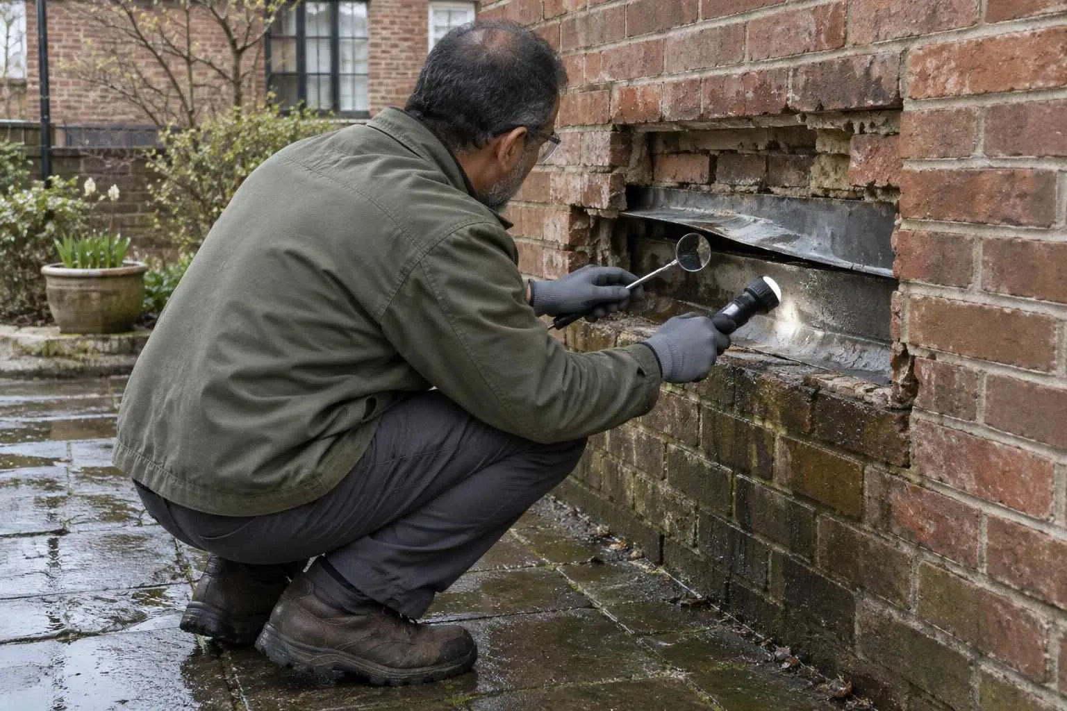 Construction expert uses a mirror and flashlight to inspect separated flashing inside an opened brick wall.