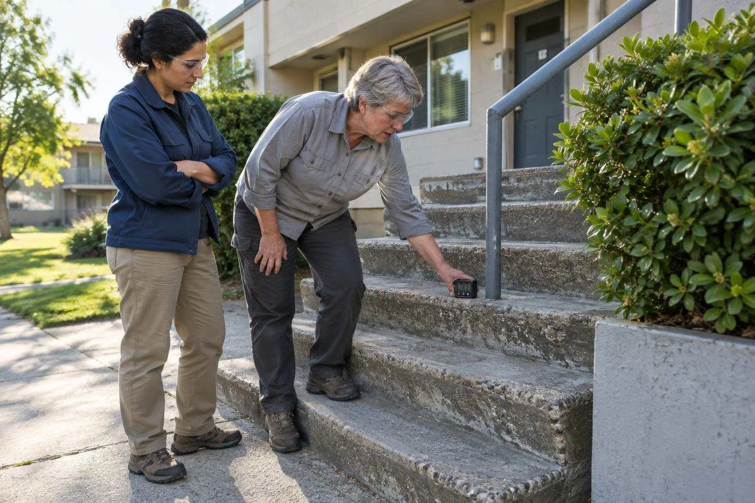 An expert rests a digital gauge on a worn concrete step while an attorney listens beside her on a sunny morning.